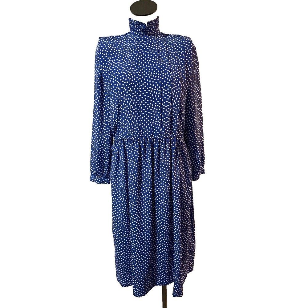 Talbots Women’s Vintage Stand Collar Polka Dot Midi Dress size 8 Pleated Modest